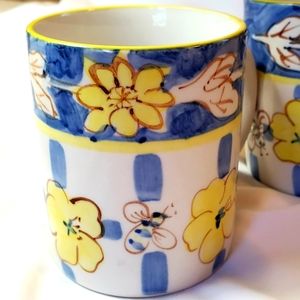 Coffee Cups Mugs Pair Honey Bees and Flowers
